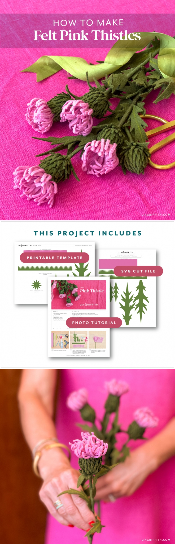 Felt Pink Thistle Flowers - Lia Griffith