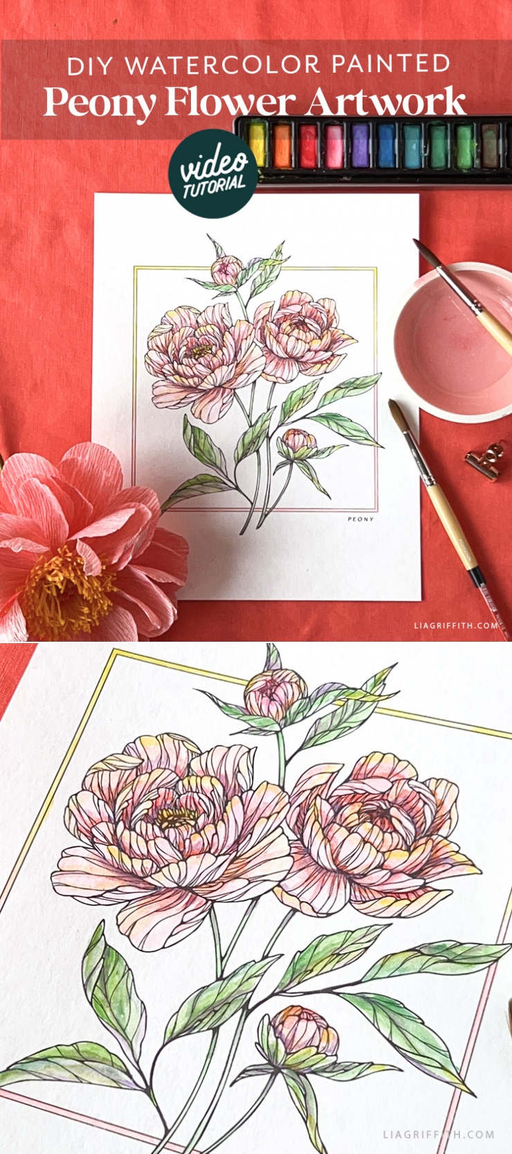 Printable Peony Watercolor Sheet - Lia Griffith